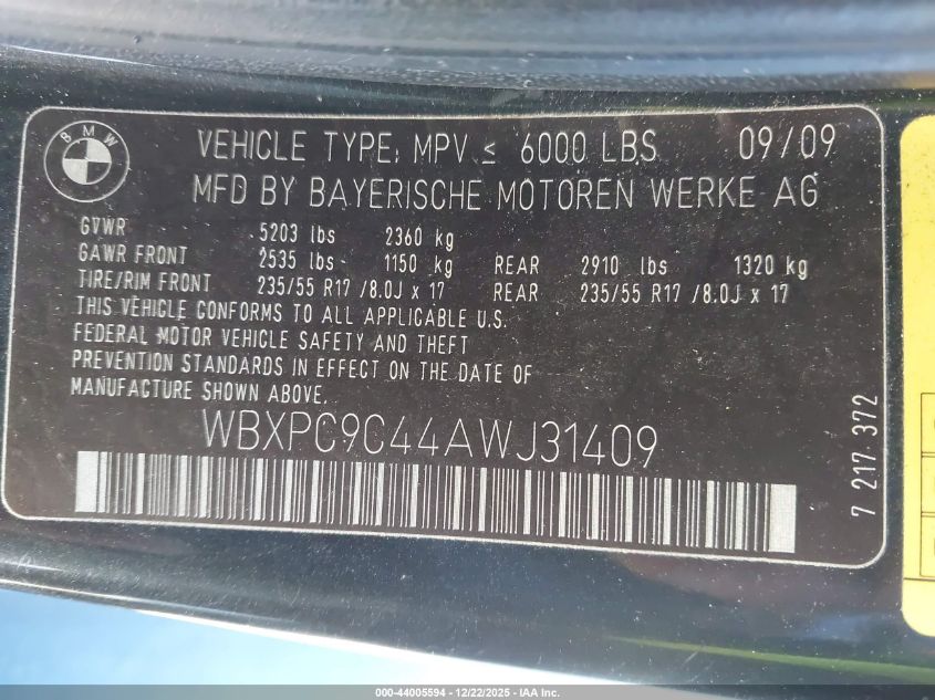 2010 BMW X3 xDrive30I VIN: WBXPC9C44AWJ31409 Lot: 44005594