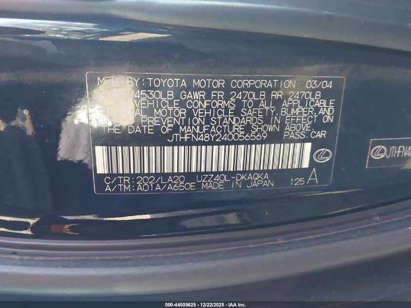 2004 Lexus Sc 430 VIN: JTHFN48Y240056569 Lot: 44005625