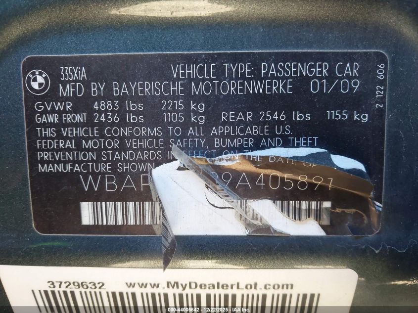 2009 BMW 335I xDrive VIN: WBAPL33599A405891 Lot: 44005642