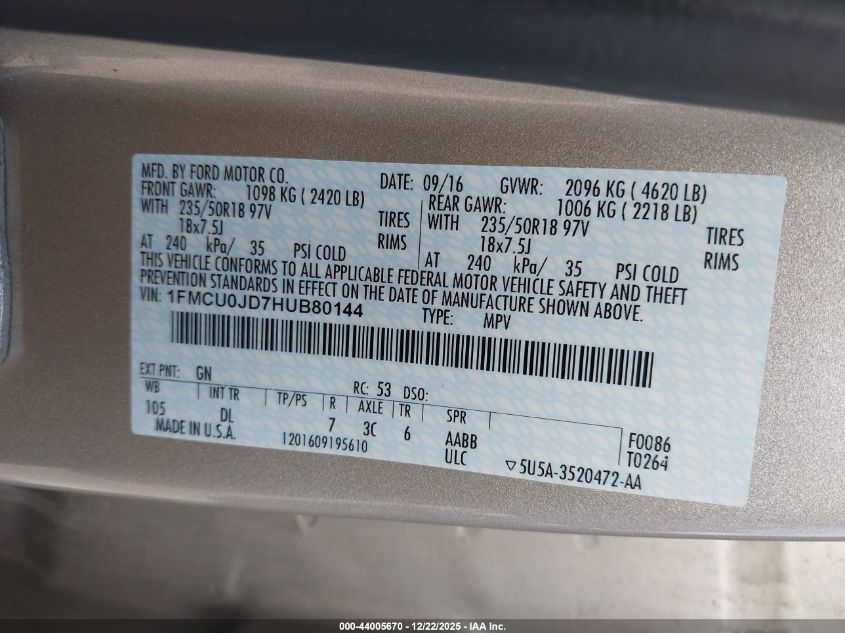 2017 Ford Escape Titanium VIN: 1FMCU0JD7HUB80144 Lot: 44005670