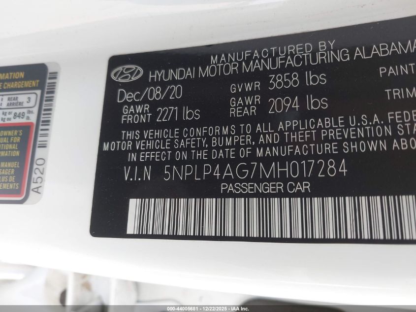 2021 Hyundai Elantra Limited VIN: 5NPLP4AG7MH017284 Lot: 44005681