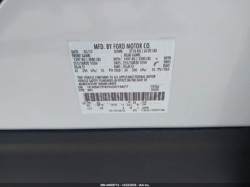 2017 Ford Explorer Limited VIN: 1FM5K7F81HGD15877 Lot: 44005712