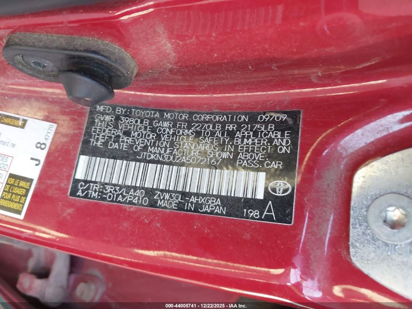 2010 Toyota Prius Iv VIN: JTDKN3DU2A5072167 Lot: 44005741