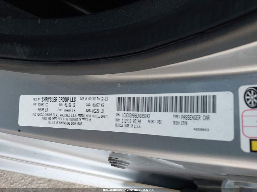 2014 Dodge Avenger Se VIN: 1C3CDZAB8EN189243 Lot: 44005820