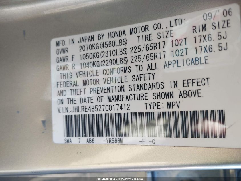 2007 Honda Cr-V Ex VIN: JHLRE48527C017412 Lot: 44005834