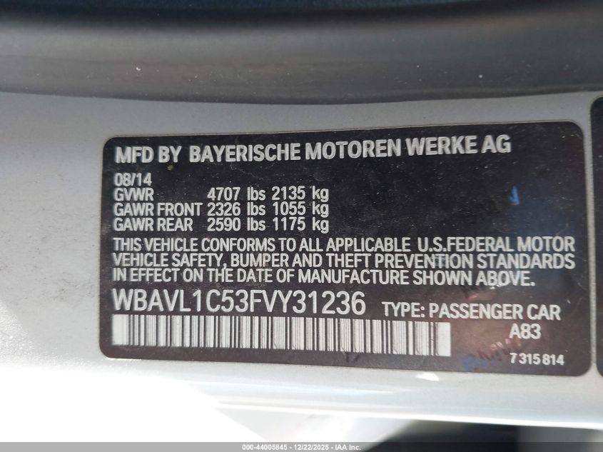 2015 BMW X1 xDrive28I VIN: WBAVL1C53FVY31236 Lot: 44005845