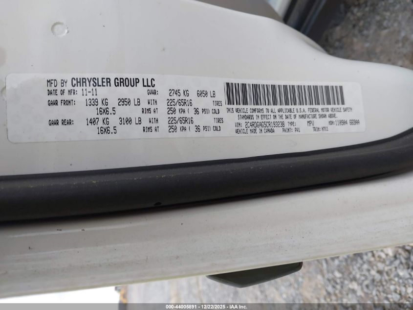 2012 Ram Cargo C/V VIN: 2C4RDGAG5CR193238 Lot: 44005891