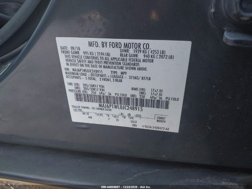 2018 Ford Ecosport Titanium VIN: MAJ6P1WL0JC248915 Lot: 44005897