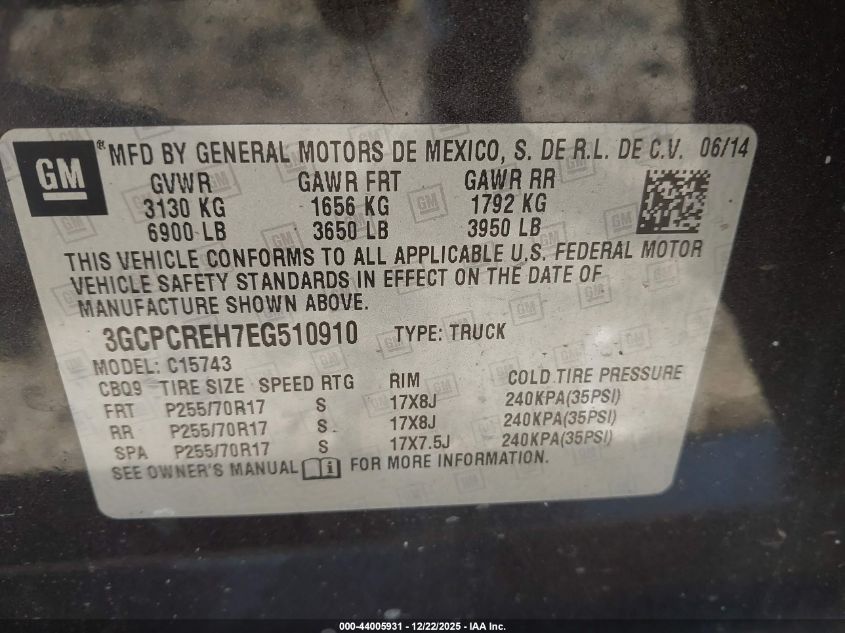 2014 Chevrolet Silverado 1500 1Lt VIN: 3GCPCREH7EG510910 Lot: 44005931