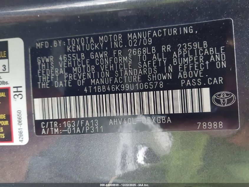 2009 Toyota Camry Hybrid VIN: 4T1BB46K99U106578 Lot: 44005939