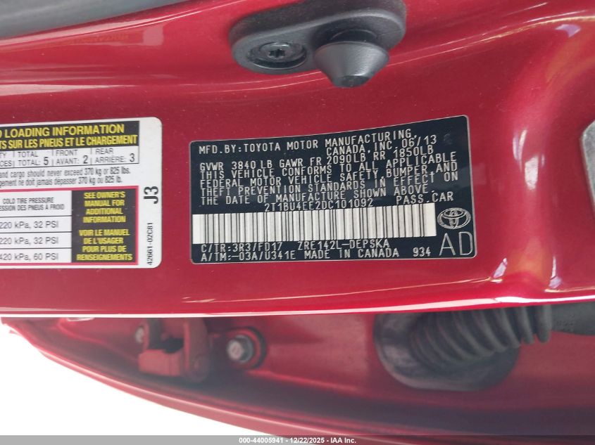 2013 Toyota Corolla S VIN: 2T1BU4EE2DC101092 Lot: 44005941