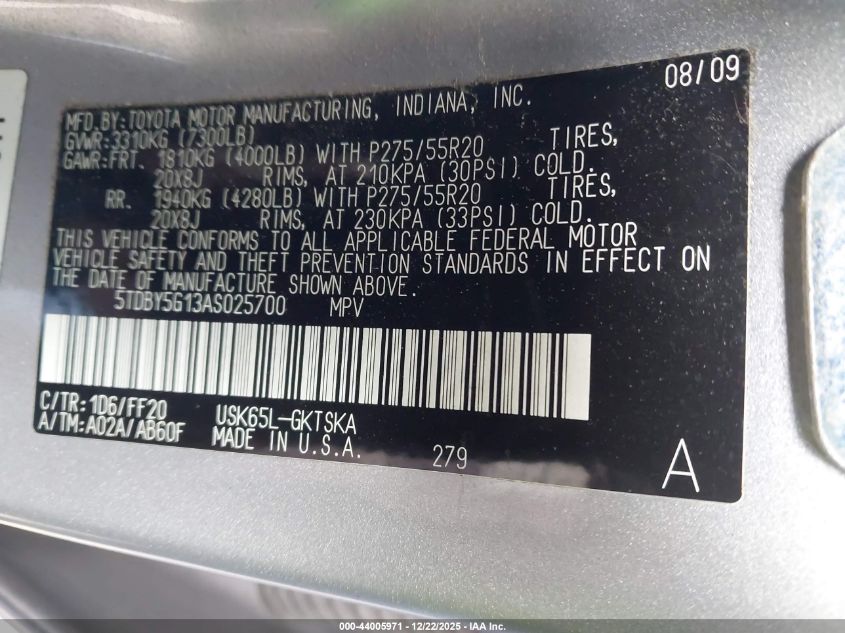 2010 Toyota Sequoia Sr5 5.7L V8 VIN: 5TDBY5G13AS025700 Lot: 44005971