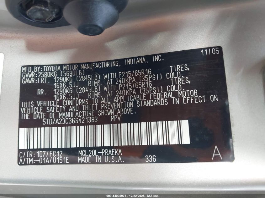 2006 Toyota Sienna Le VIN: 5TDZA23C36S421383 Lot: 44005975