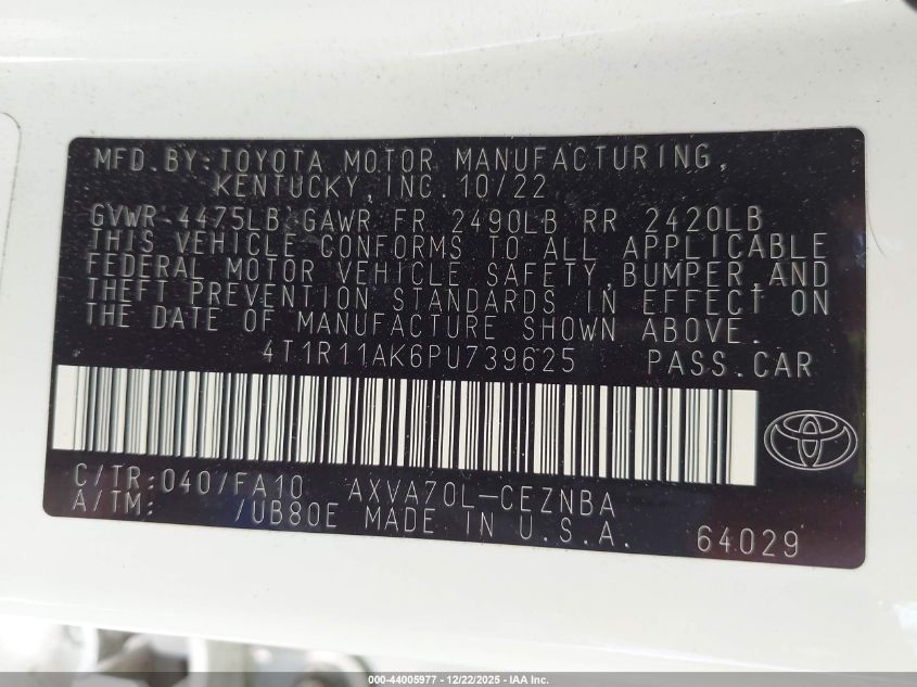 2023 Toyota Camry Le VIN: 4T1R11AK6PU739625 Lot: 44005977