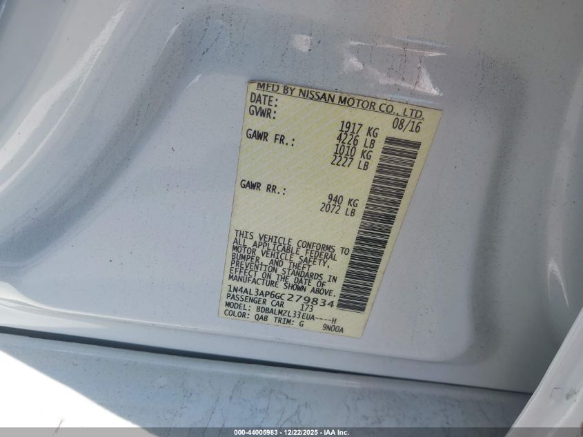 2016 Nissan Altima 2.5 Sv VIN: 1N4AL3AP6GC279834 Lot: 44005983