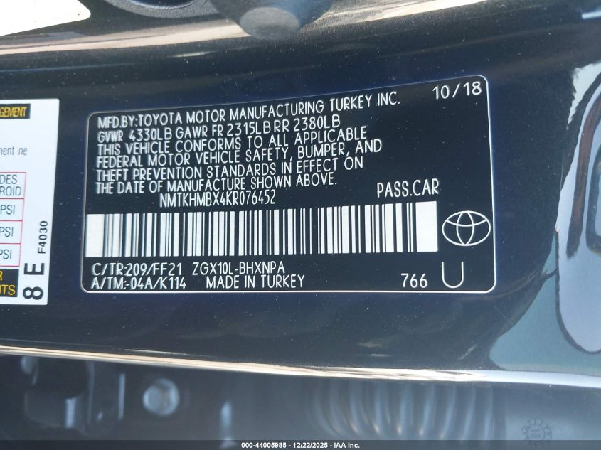 2019 Toyota C-Hr Xle VIN: NMTKHMBX4KR076452 Lot: 44005985