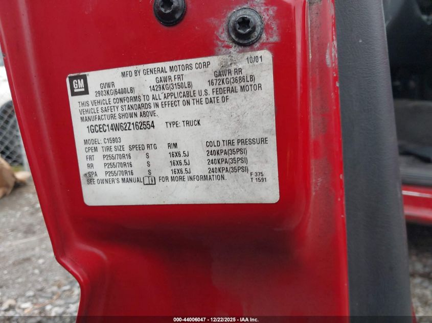 2002 Chevrolet Silverado 1500 VIN: 1GCEC14W62Z162554 Lot: 44006047