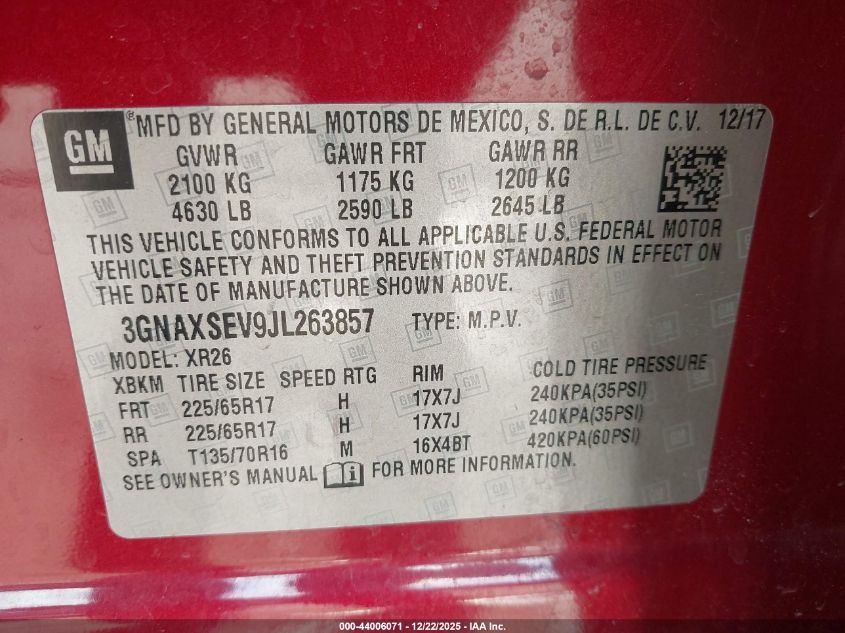 2018 Chevrolet Equinox Lt VIN: 3GNAXSEV9JL263857 Lot: 44006071