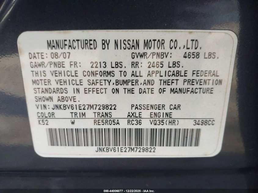 2007 Infiniti G35 Journey VIN: JNKBV61E27M729822 Lot: 44006077