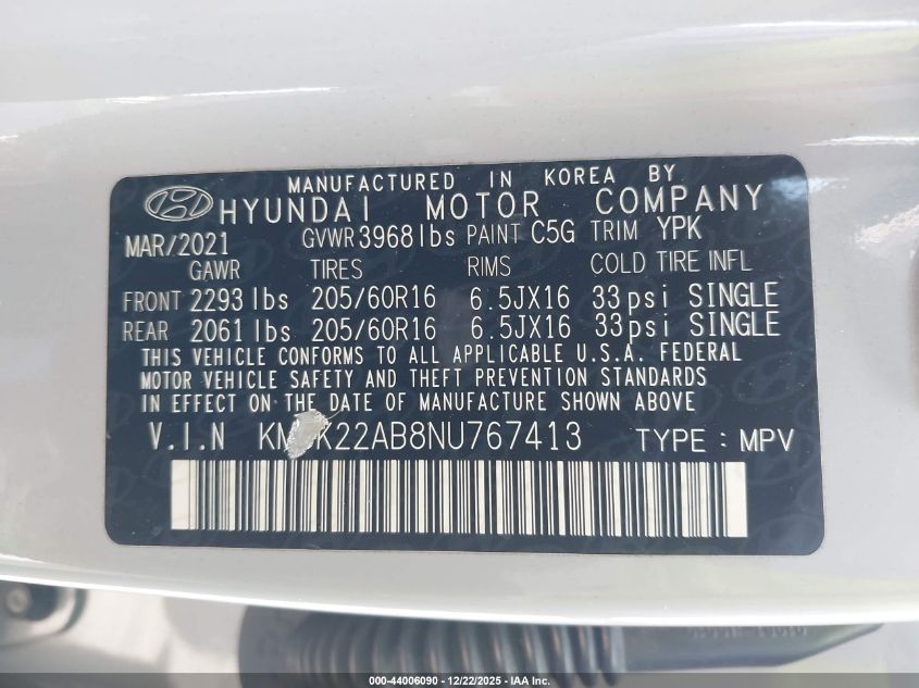 2022 Hyundai Kona Se VIN: KM8K22AB8NU767413 Lot: 44006090