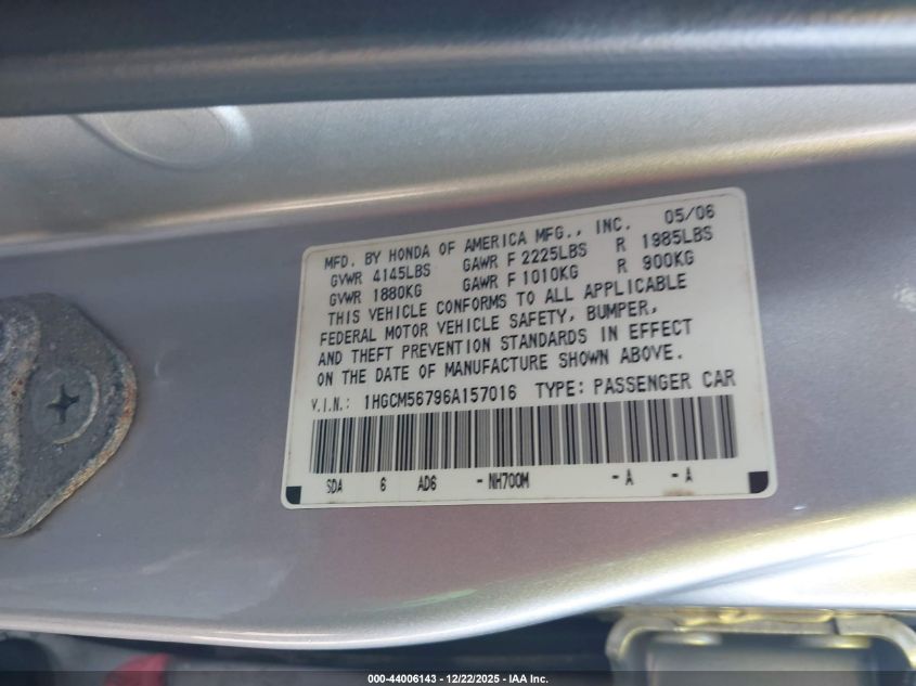 2006 Honda Accord 2.4 Ex VIN: 1HGCM56796A157016 Lot: 44006143