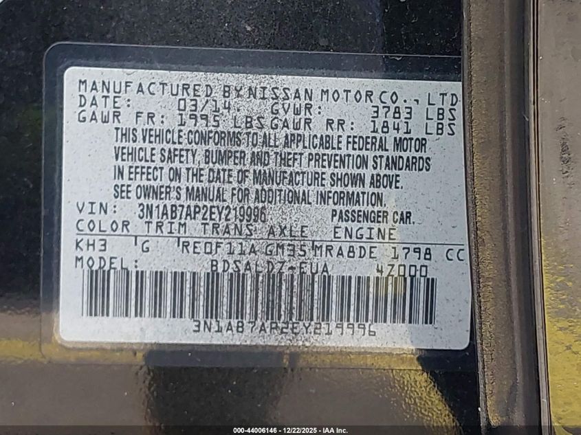 2014 Nissan Sentra Sv VIN: 3N1AB7AP2EY219996 Lot: 44006146