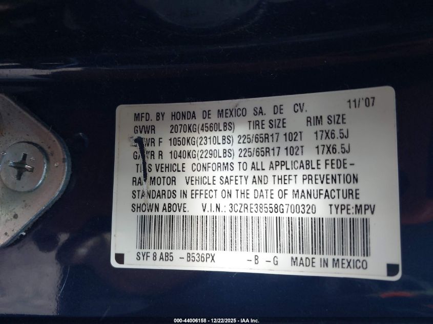 2008 Honda Cr-V Ex VIN: 3CZRE38558G700320 Lot: 44006158