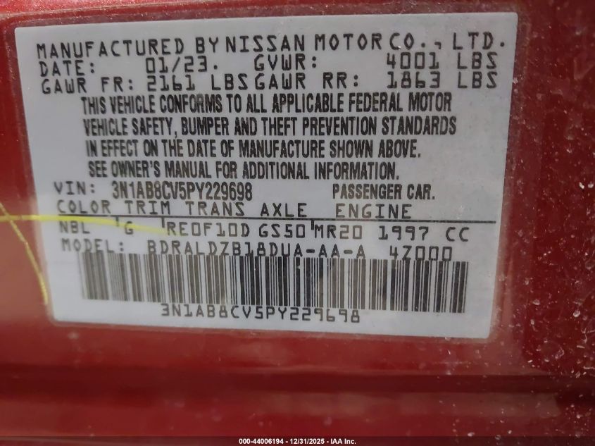 2023 Nissan Sentra Sv Xtronic Cvt VIN: 3N1AB8CV5PY229698 Lot: 44006194