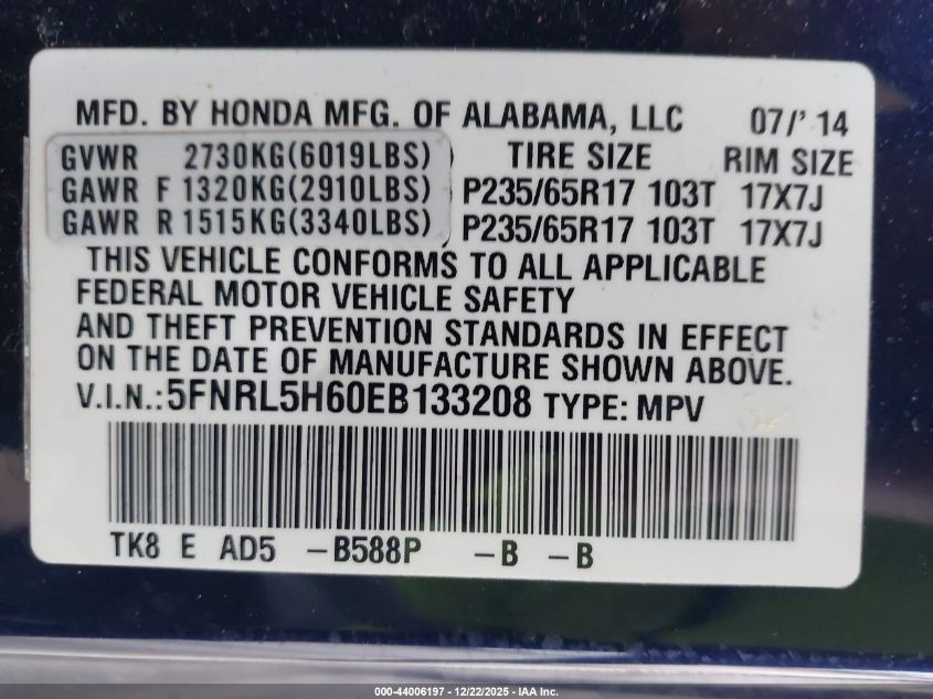 2014 Honda Odyssey Ex-L VIN: 5FNRL5H60EB133208 Lot: 44006197