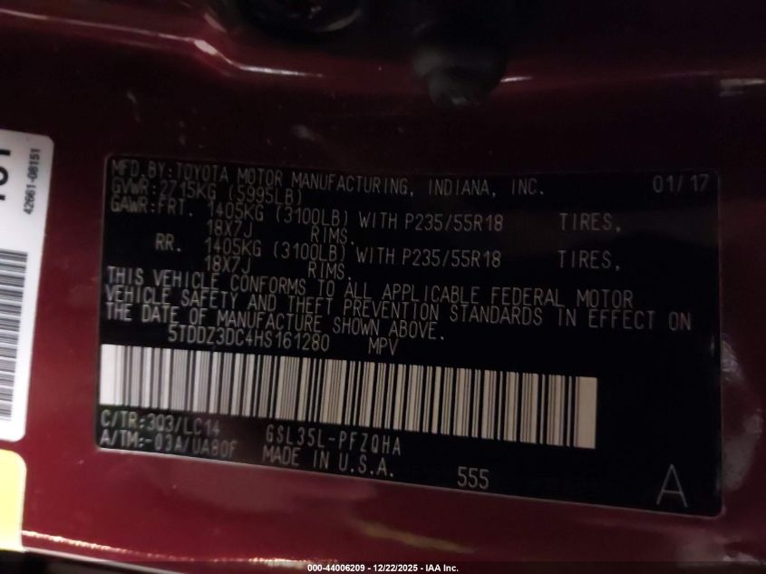 2017 Toyota Sienna Xle 7 Passenger VIN: 5TDDZ3DC4HS161280 Lot: 44006209