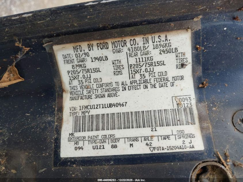 1990 Ford Bronco Ii VIN: 1FMCU12T1LUB40467 Lot: 44006253