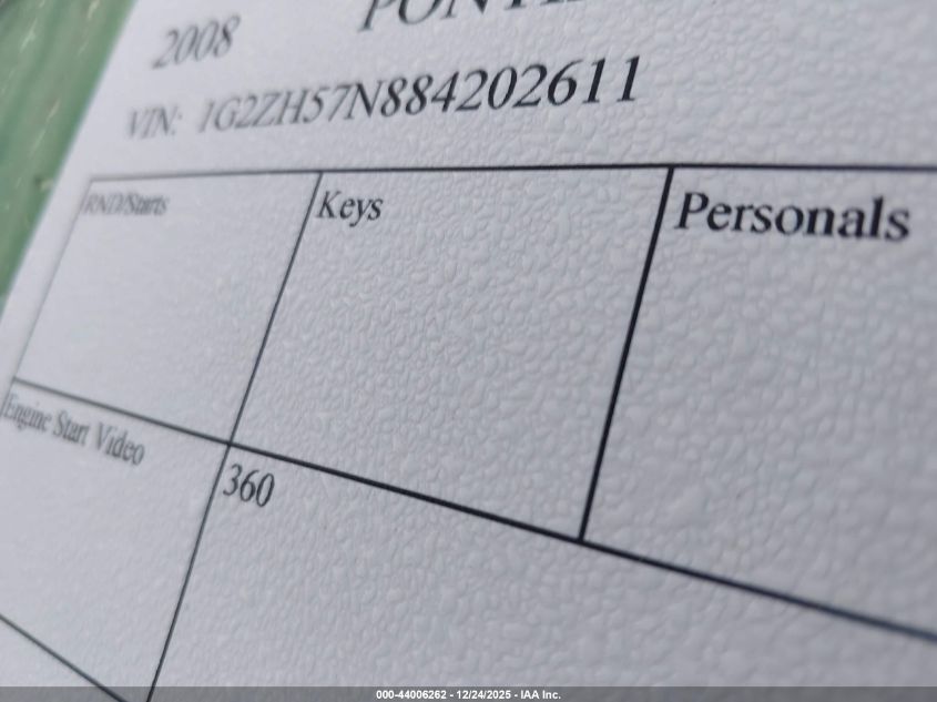 2008 Pontiac G6 Gt VIN: 1G2ZH57N884202611 Lot: 44006262