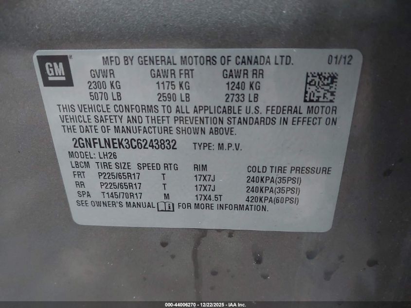 2012 Chevrolet Equinox 2Lt VIN: 2GNFLNEK3C6243832 Lot: 44006270