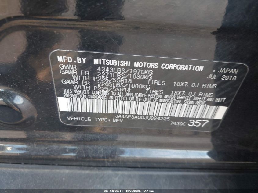 2018 Mitsubishi Outlander Sport 2.0 Es/2.0 Le VIN: JA4AP3AU0JU024225 Lot: 44006311