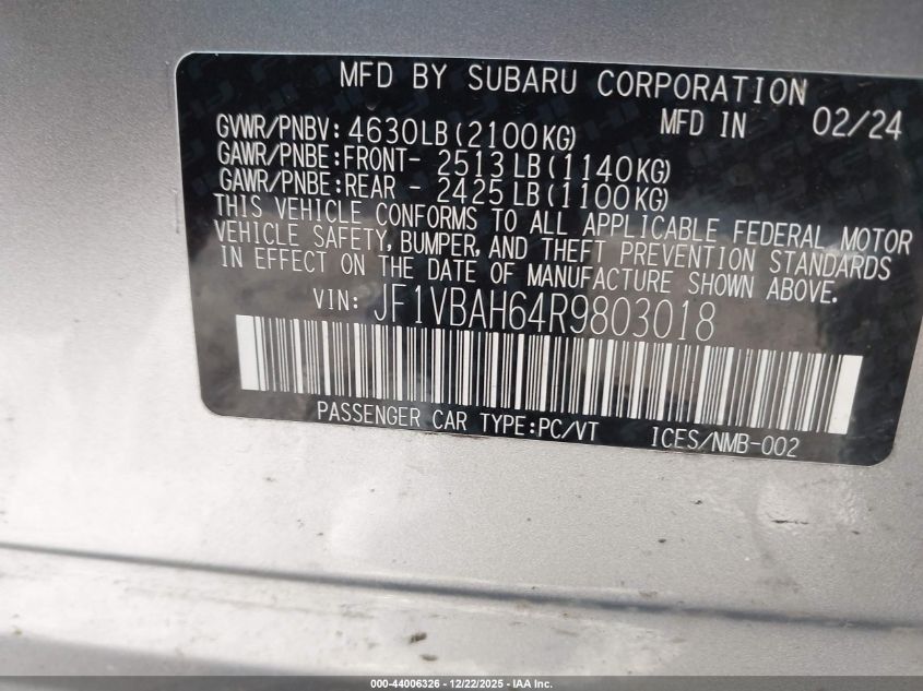 2024 Subaru Wrx Premium VIN: JF1VBAH64R9803018 Lot: 44006326