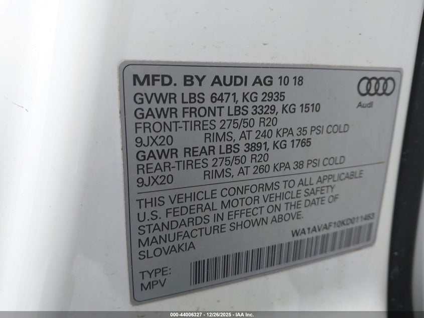 2019 Audi Q8 55 Premium VIN: WA1AVAF10KD011453 Lot: 44006327