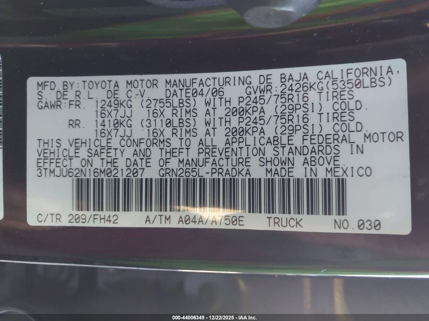 2006 Toyota Tacoma Prerunner V6 VIN: 3TMJU62N16M021207 Lot: 44006349