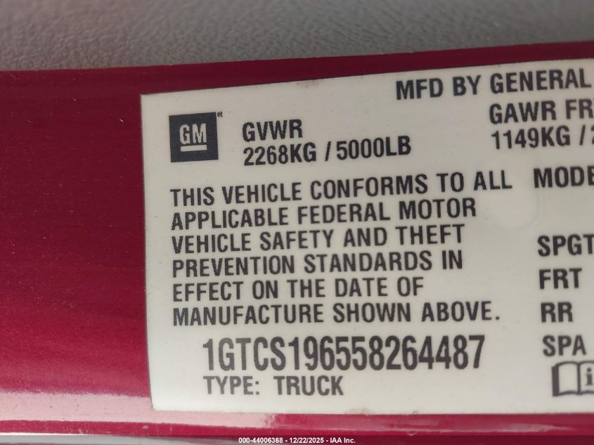2005 GMC Canyon Sle VIN: 1GTCS196558264487 Lot: 44006368