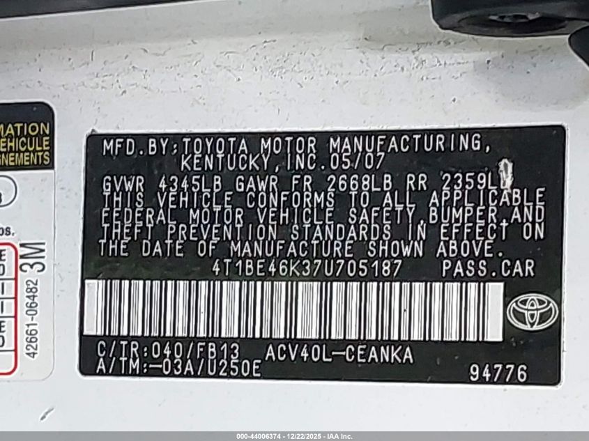 2007 Toyota Camry Le VIN: 4T1BE46K37U705187 Lot: 44006374
