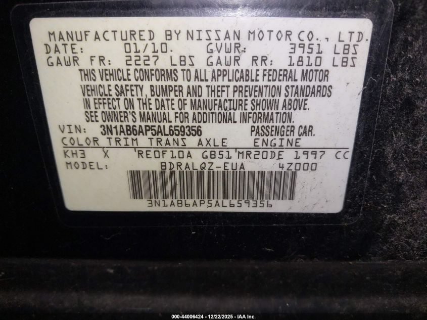 2010 Nissan Sentra 2.0 VIN: 3N1AB6AP5AL659356 Lot: 44006424
