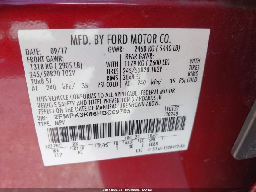 2017 Ford Edge Titanium VIN: 2FMPK3K86HBC69705 Lot: 44006434