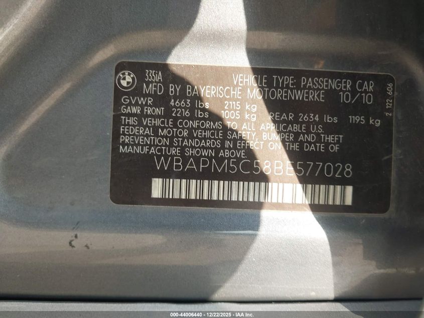 2011 BMW 335I VIN: WBAPM5C58BE577028 Lot: 44006440