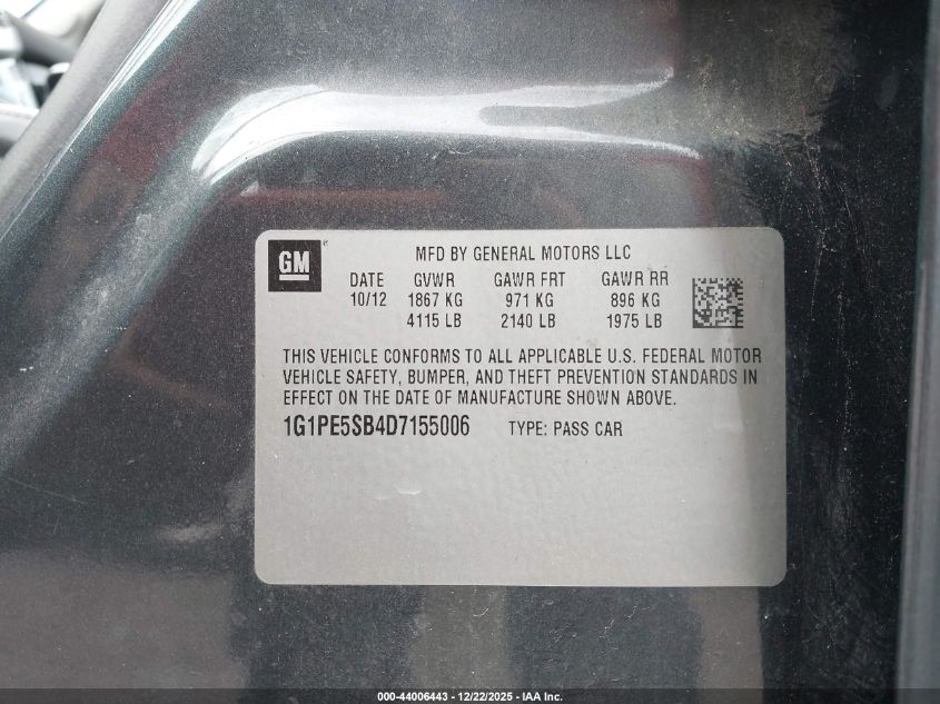 2013 Chevrolet Cruze 2Lt Auto VIN: 1G1PE5SB4D7155006 Lot: 44006443
