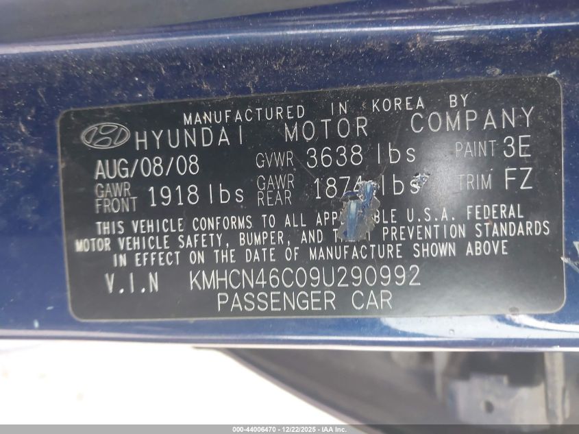 2009 Hyundai Accent Gls VIN: KMHCN46C09U290992 Lot: 44006470