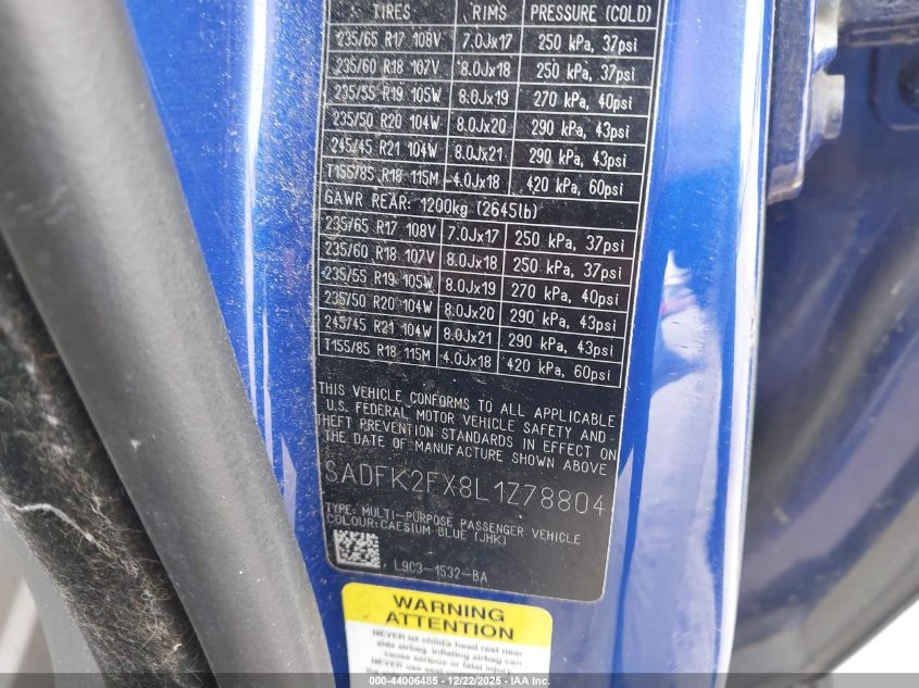 2020 Jaguar E-Pace P250 Awd Automatic VIN: SADFK2FX8L1Z78804 Lot: 44006485