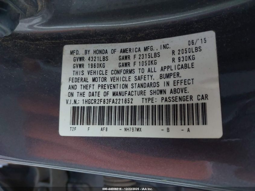 2015 Honda Accord Ex-L VIN: 1HGCR2F83FA221852 Lot: 44006516