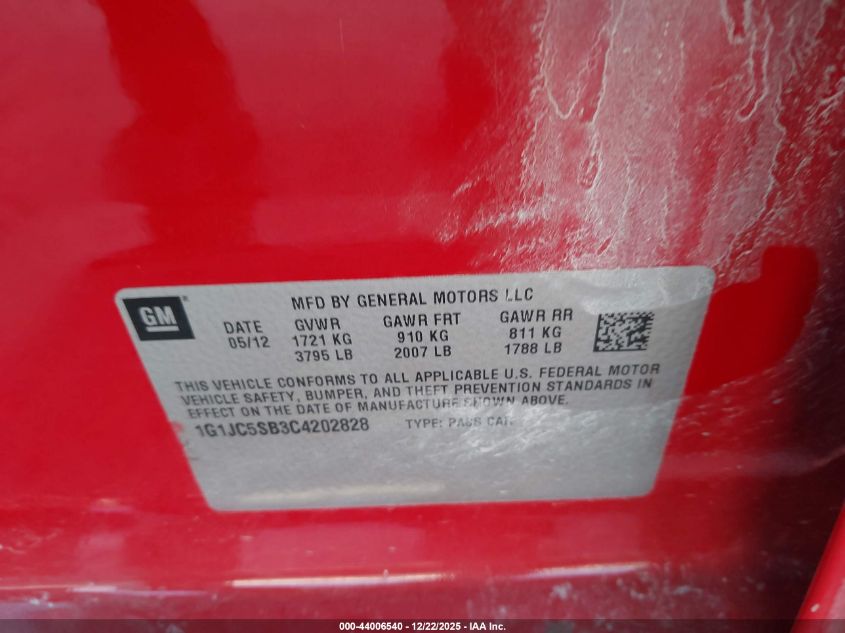 2012 Chevrolet Sonic 2Lt VIN: 1G1JC5SB3C4202828 Lot: 44006540