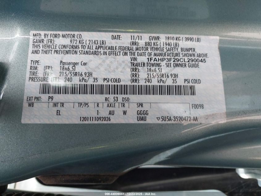 2012 Ford Focus Se VIN: 1FAHP3F29CL290045 Lot: 44006551