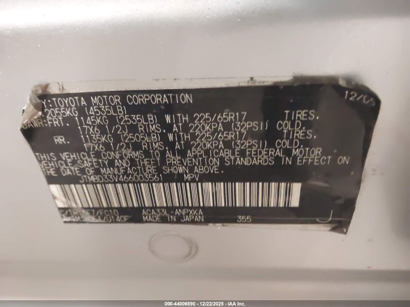 2006 Toyota Rav4 VIN: JTMBD33V466003561 Lot: 44006590