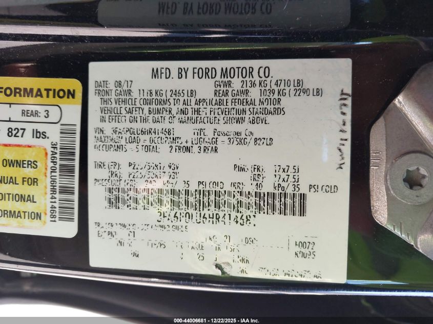 2017 Ford Fusion Hybrid Se VIN: 3FA6P0LU6HR414681 Lot: 44006681